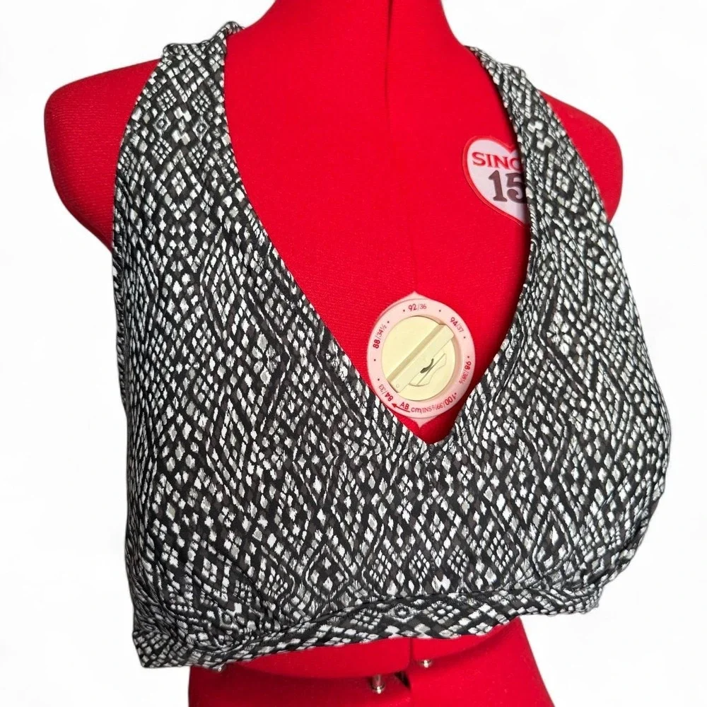 Raisins Curve Black & White Geometric‎ Print Halter Bikini Top Size 20W
